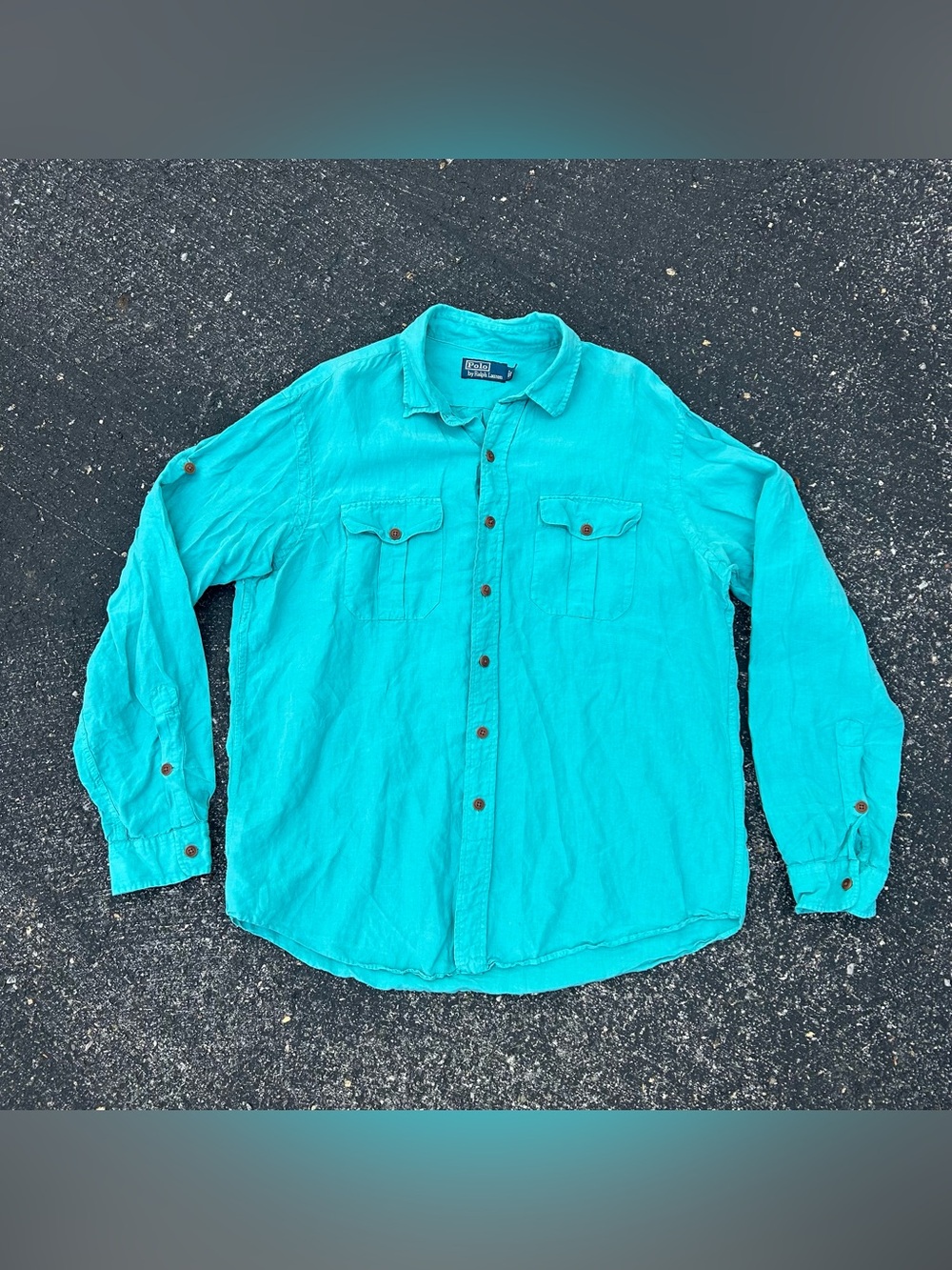 Vintage 90s Polo Ralph Lauren Button Up Preppy Shirt Linen Silk XL Teal Blue